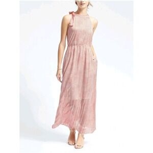 Banana Republic Geo Orange White Grid Tie Neck Maxi Dress Halter Size M Pockets!